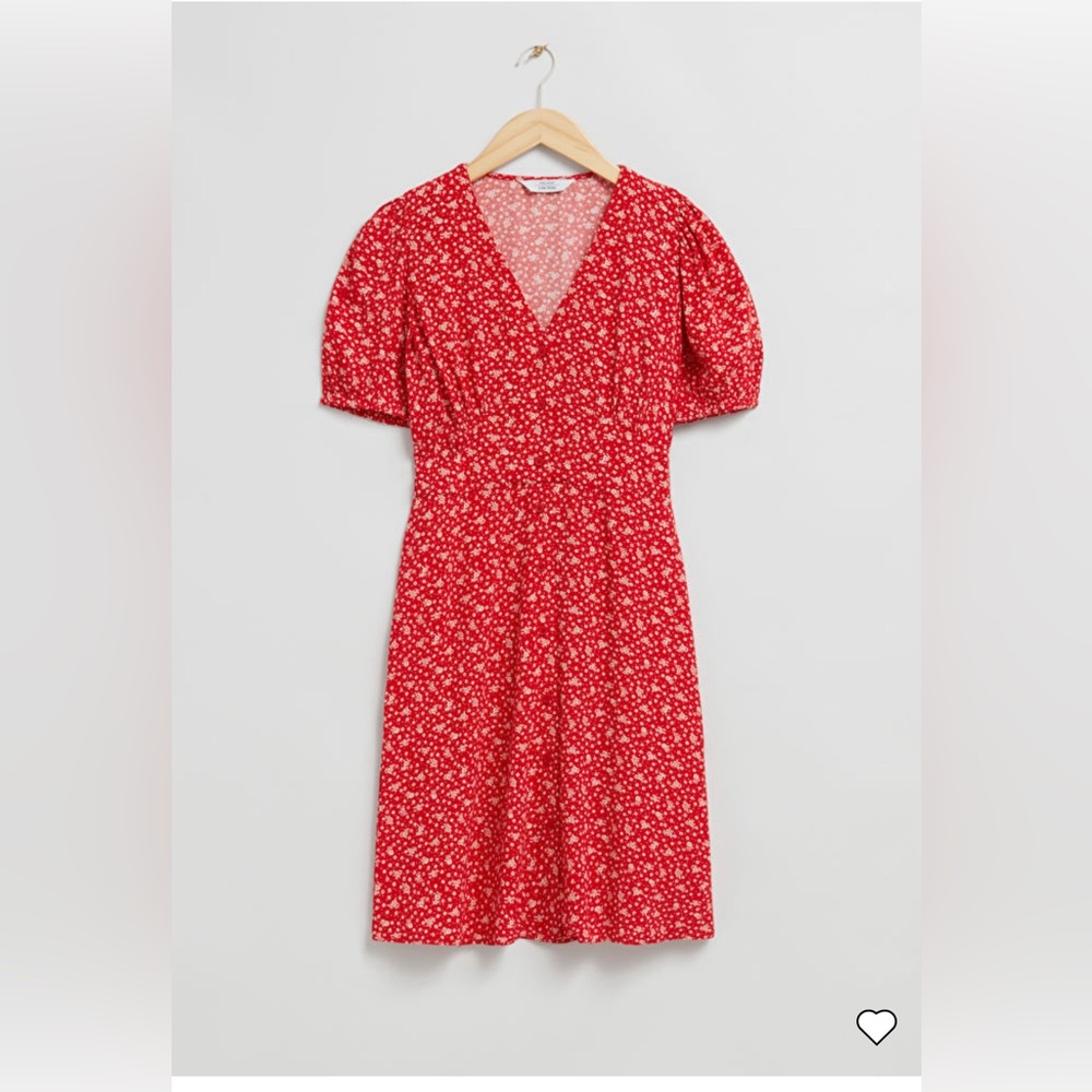 & Other Stories Printed Buttoned Mini Dress Bright Red Ditsy Floral 4